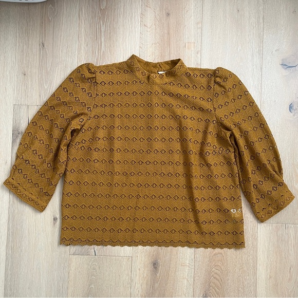 NWOT Garnet Hill Women's Teagan Lace Top Size L Mustard Yellow Brown 3/4 *W - Picture 2 of 5